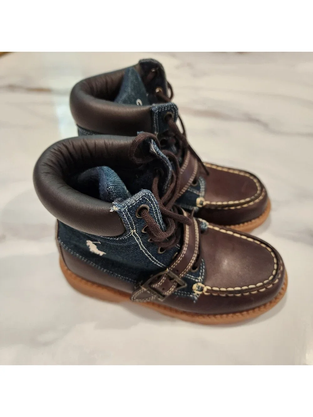 New Polo Ralph Lauren Kids Brown Leather and Denim Boots 11.5